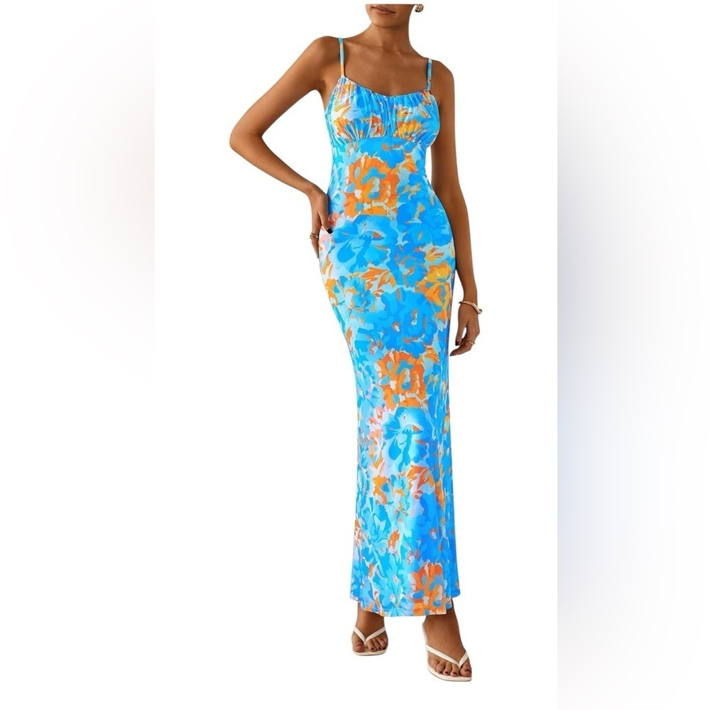 Floral Blue and Orange Maxi Dress - NWOT